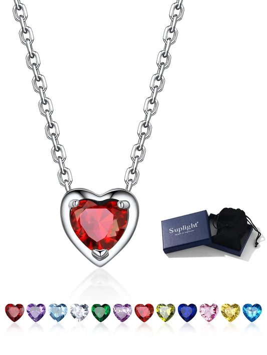 Women 925 Sterling Silver Birthstone Love Heart Necklace, Birthday Valentines Gift