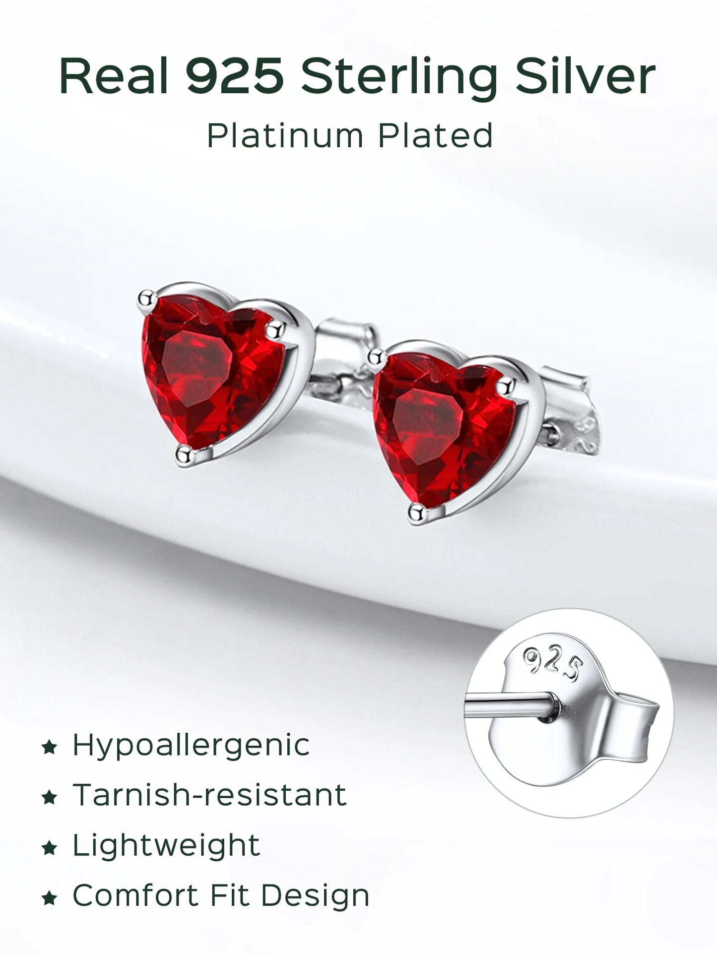 January Red Garnet Birthstone Heart Stud Earrings for Women Girls 925 Sterling Silver Gift for Birthday Christmas