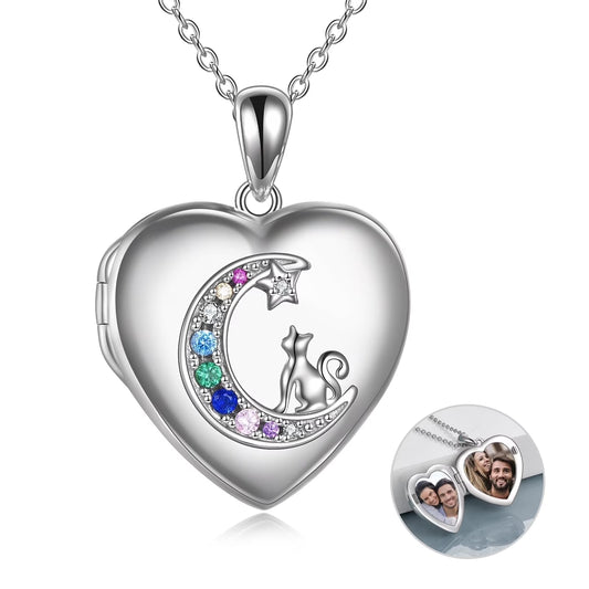 Sterling Silver Heart Cat Lockets Necklace That Holds Pictures Jewelry Birthday Anniversary Mothers Day Christmas Gifts for Women