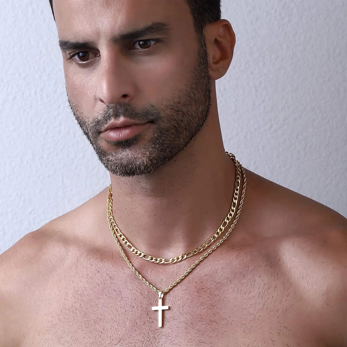 Layered Gold Cross Necklaces for Men Boys Stainless Steel Figaro Twist Rope Pendant Chain Necklaces Set Graduation Christian Religious Birthday Jewelry Gifts Ideas Dad Son Teen Teenage Kids