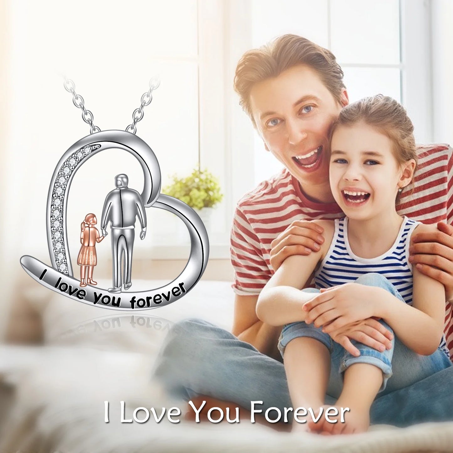 S925 Sterling Silver Father Daughter Heart Pendant Necklace I Love You Forever Jewelry Birthday Anniversary Christmas Valentines Mothers Day Gifts for Women Daughter