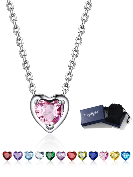 Women 925 Sterling Silver Birthstone Love Heart Necklace, Birthday Valentines Gift