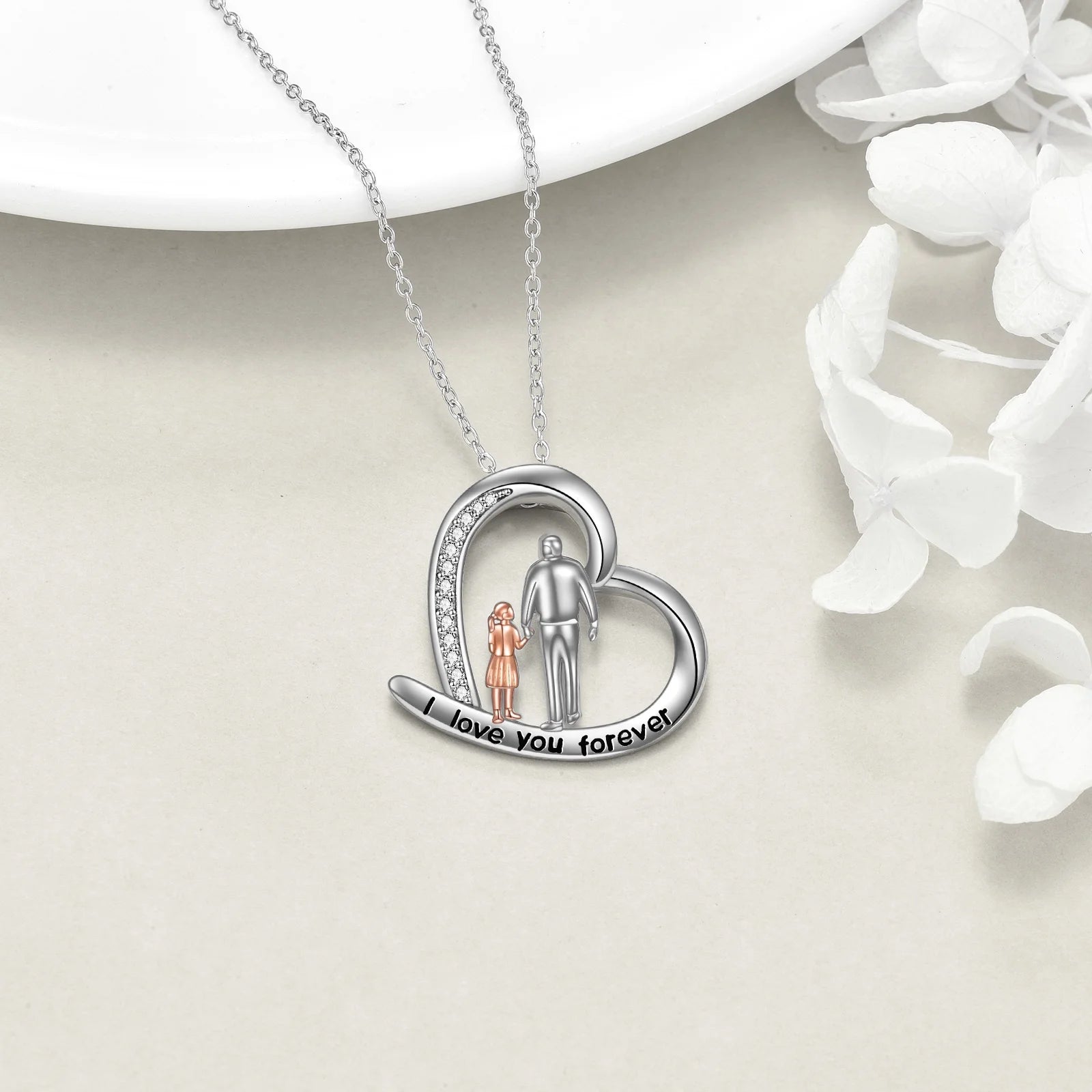 S925 Sterling Silver Father Daughter Heart Pendant Necklace I Love You Forever Jewelry Birthday Anniversary Christmas Valentines Mothers Day Gifts for Women Daughter